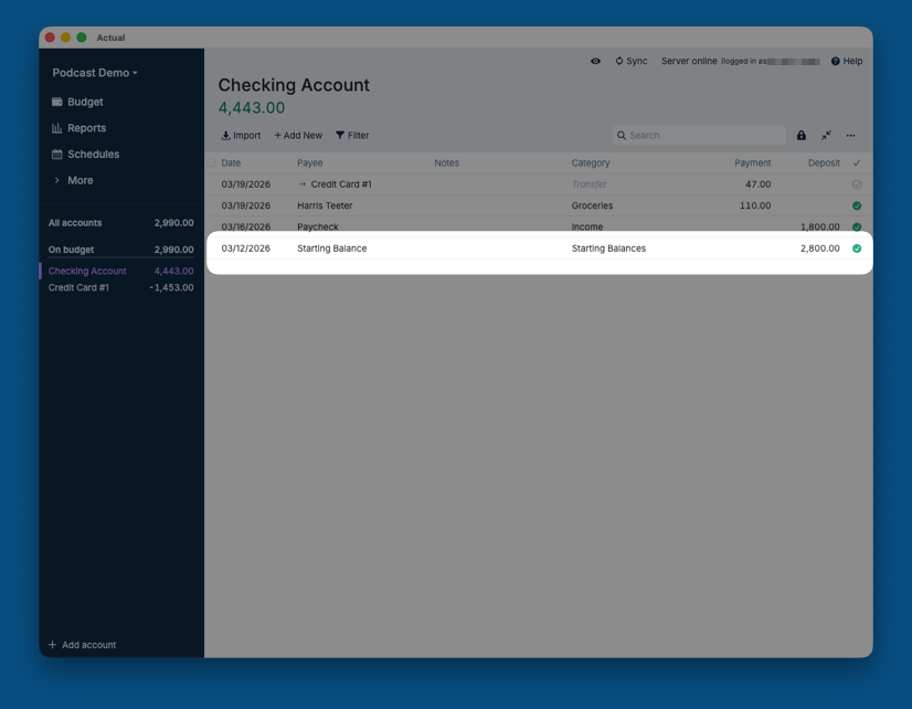 Actual Budget Starting Balances