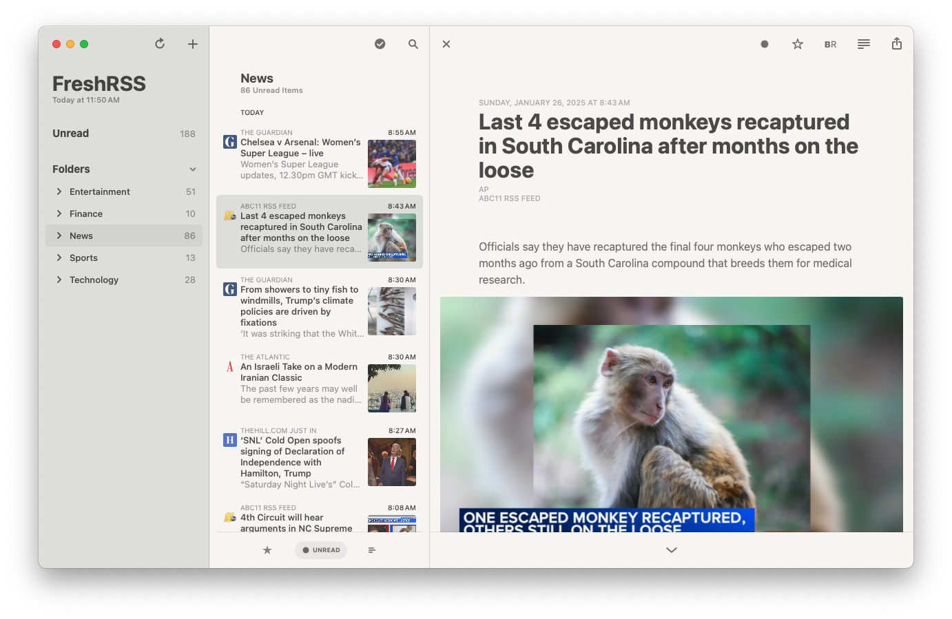 Reeder app displaying FreshRSS feed integration on macOS for an enhanced desktop reading experience.