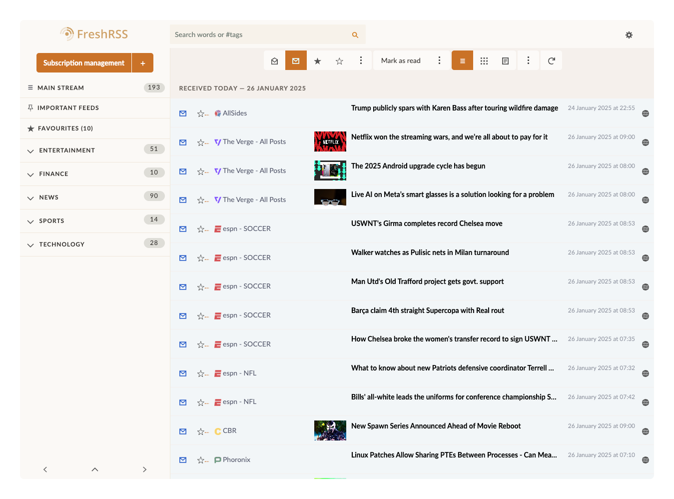 FreshRSS web interface showing categorized RSS feeds and articles for a streamlined news reading experience.