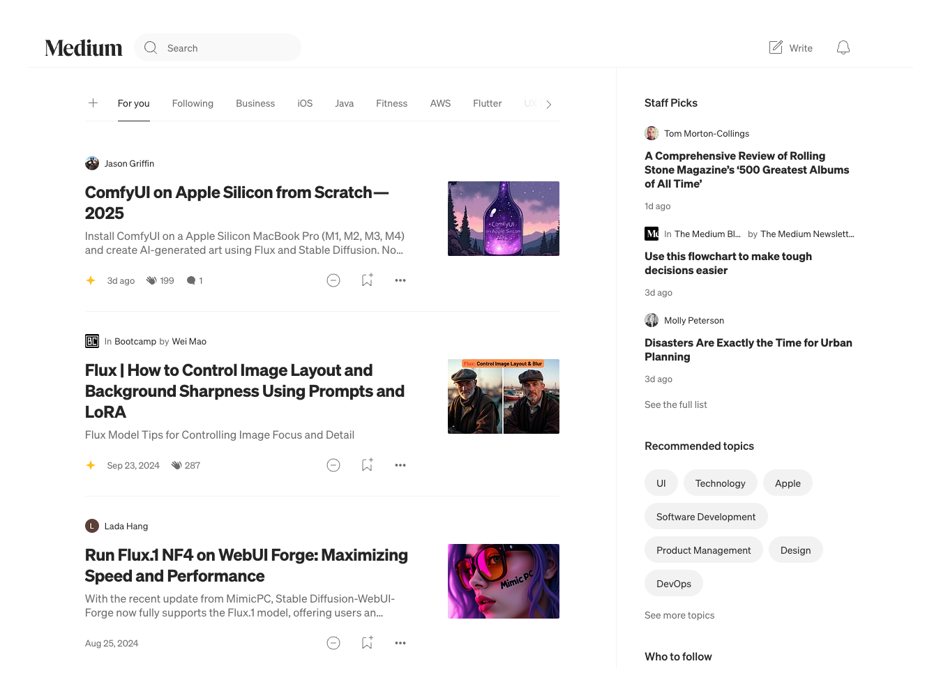 Medium homepage displaying personalized articles, recommended topics, and trending content for a curated reading experience.